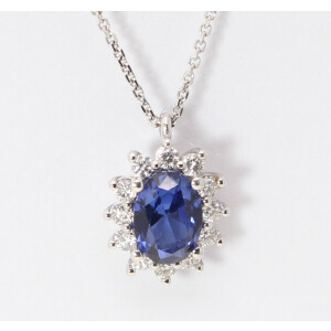 14K Gold Oval Natural Sapphire & Diamond Starburst Halo Pendant (Blue Sapphire & White Diamonds Vs2)