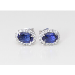 14K Gold Oval Natural Mined Sapphire & Diamond Halo Earring (Blue Sapphire & White Diamonds Vs2 Clarity)