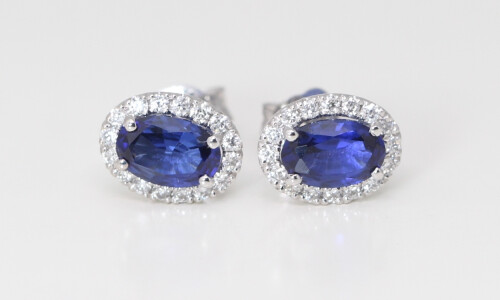 14K Gold Oval Natural Mined Sapphire & Diamond Halo Earring (Blue Sapphire & White Diamonds Vs2 Clarity)