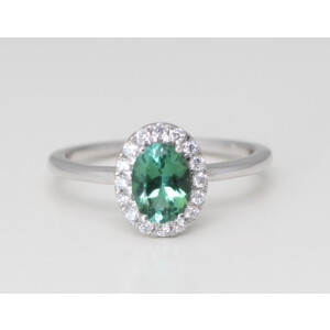 14K Gold Oval Natural Mined Tourmaline & Diamond Halo Ring (Green Tourmaline & White Diamonds Vs2 Clarity)