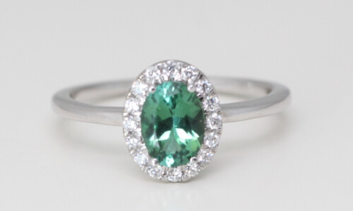 14K Gold Oval Natural Mined Tourmaline & Diamond Halo Ring (Green Tourmaline & White Diamonds Vs2 Clarity)