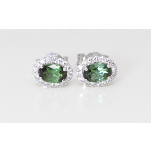 14K Gold Oval Natural Mined Tourmaline & Diamond Halo Earrings (Green Tourmaline & White Diamonds Vs2)