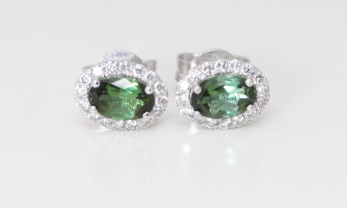 14K Gold Oval Natural Mined Tourmaline & Diamond Halo Earrings (Green Tourmaline & White Diamonds Vs2)