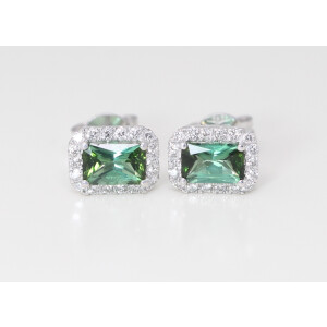 14K Gold Emerald Natural Mined Tourmaline & Diamond Halo Earrings (Green Tourmaline & White Diamonds Vs2)