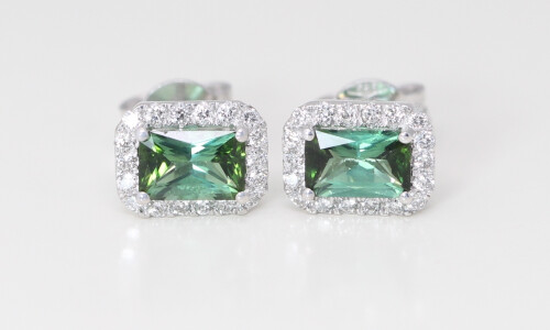 14K Gold Emerald Natural Mined Tourmaline & Diamond Halo Earrings (Green Tourmaline & White Diamonds Vs2)