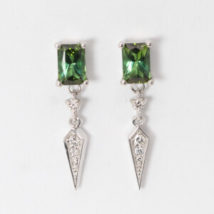 14K Gold Emerald Natural Mined Tourmaline & Diamond Earrings (Green Tourmaline & White Diamonds Vs2)