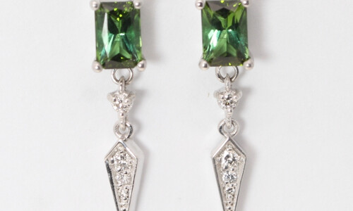 14K Gold Emerald Natural Mined Tourmaline & Diamond Earrings (Green Tourmaline & White Diamonds Vs2)