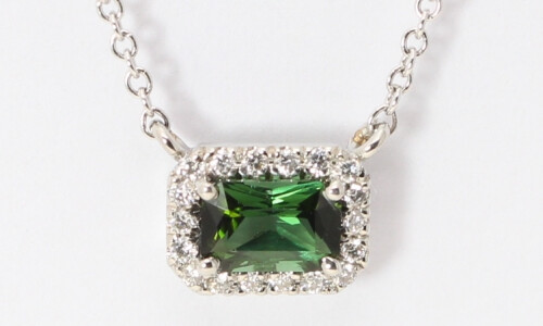 14K Gold Emerald Natural Mined Tourmaline & Diamond Halo Pendant (Green Tourmaline & White Diamonds Vs2)