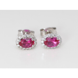 14K Gold Oval & Round Cut Natural Mined Ruby & Diamond Halo Earrings (Red Ruby & White Diamonds,Vs2 Clarity)