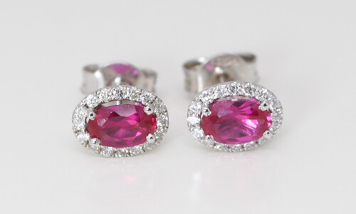 14K Gold Oval & Round Cut Natural Mined Ruby & Diamond Halo Earrings (Red Ruby & White Diamonds,Vs2 Clarity)