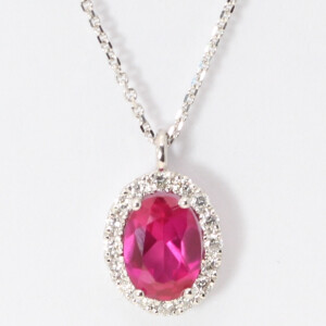 14K Gold Oval & Round Cut Natural Mined Ruby & Diamond Halo Pendant (Red Ruby & White Diamonds,Vs2 Clarity)