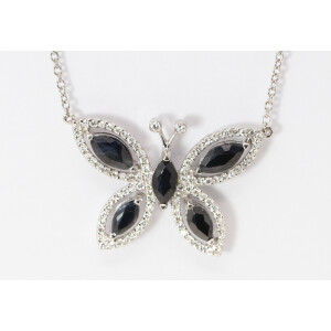 18K Gold Marquise Sapphire & Diamond Butterfly Halo Pendant (Black Sapphire & White Diamonds Vs1)