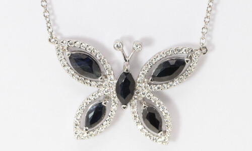 18K Gold Marquise Sapphire & Diamond Butterfly Halo Pendant (Black Sapphire & White Diamonds Vs1)