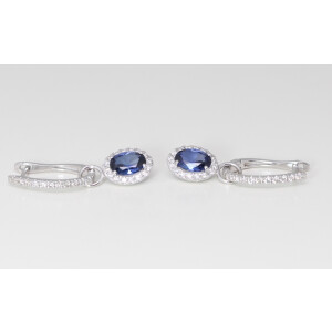 14K Gold Oval Natural Mined Sapphire & Diamond Halo Earrings (Blue Sapphire & White Diamonds Vs2)