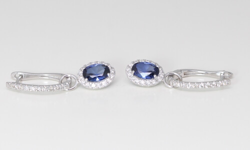 14K Gold Oval Natural Mined Sapphire & Diamond Halo Earrings (Blue Sapphire & White Diamonds Vs2)