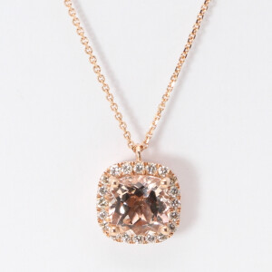 14K Rose Gold Cushion Natural Morganite & Diamond Halo Pendant (Peach Morganite & White Diamonds Vs2)