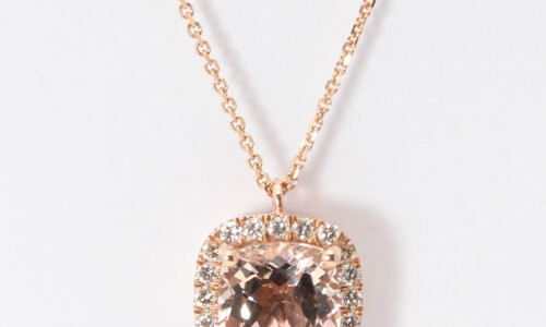 14K Rose Gold Cushion Natural Morganite & Diamond Halo Pendant (Peach Morganite & White Diamonds Vs2)