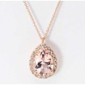 14K Rose Gold Pear Natural Mined Morganite & Diamond Halo Pendant (Pink Morganite & White Diamonds Vs2)