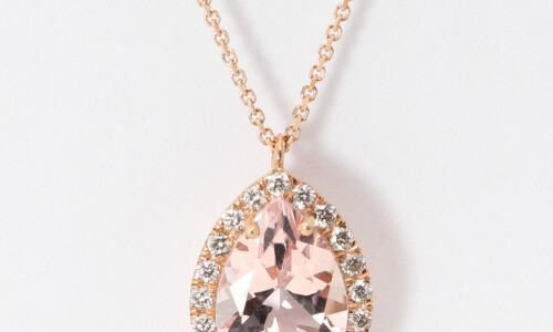 14K Rose Gold Pear Natural Mined Morganite & Diamond Halo Pendant (Pink Morganite & White Diamonds Vs2)