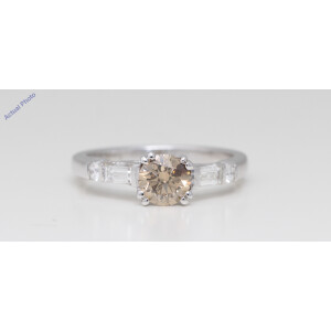 18K White Gold Round & Baguette Cut Diamond Engagement Ring (1.10 Ct, Light Natural Fancy Brown & White Diamonds, Vs2)