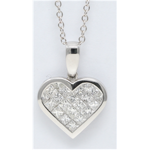 18K White Gold Princess Invisible Setting Heart Stylish Modern Classic Diamond Pendant (1.1 Ct, H , Si1 )