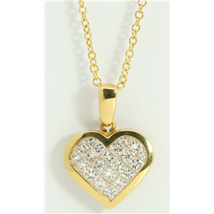 18K Yellow Gold Princess Invisible Setting Heart Stylish Modern Classic Diamond Pendant (1 Ct, H , Vs )