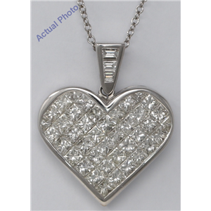 18K White Gold Princess & Baguette Invisibly Set Heart Elegant Modern Classic Diamond Pendant(5.4 Ct, H, Vs)