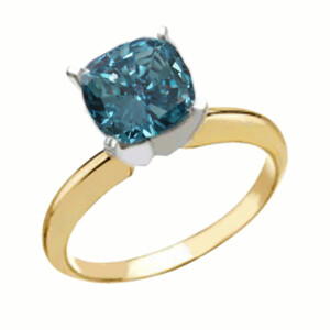 Cushion Natural Mined Diamond Ring 14K Yellow Gold (0.52 Ct Ocean Blue(Irradiated) Vs1 Clarity)